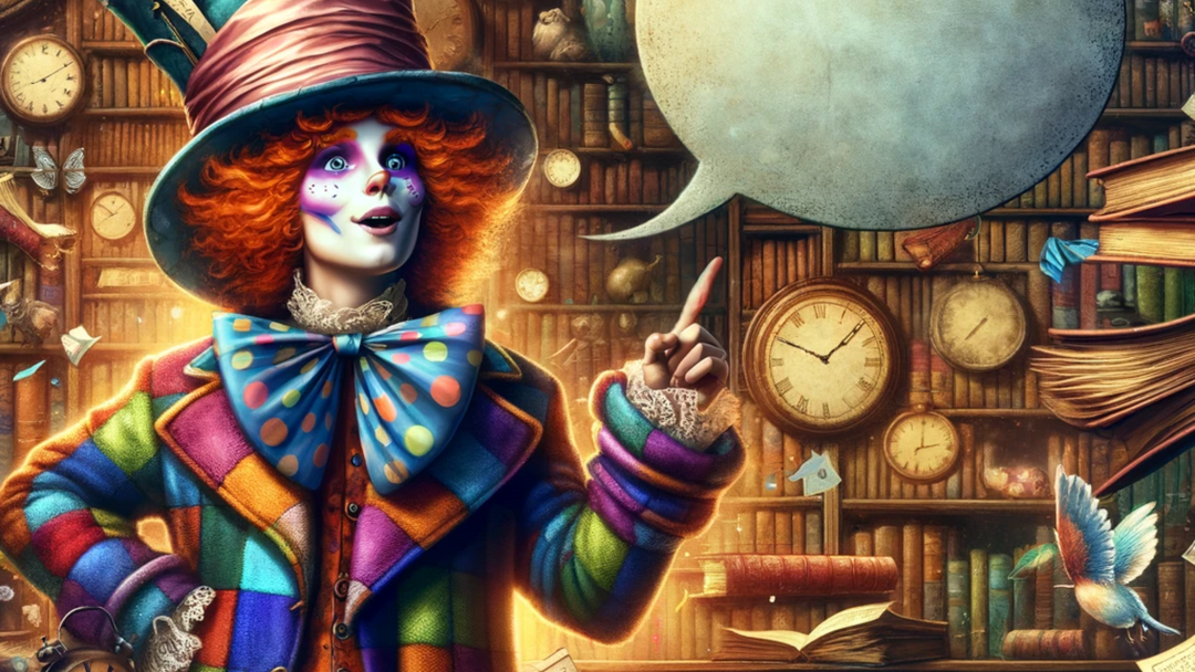 the Mad Hatter in a Woderland with lots of pocketwatches and an empty speech buble