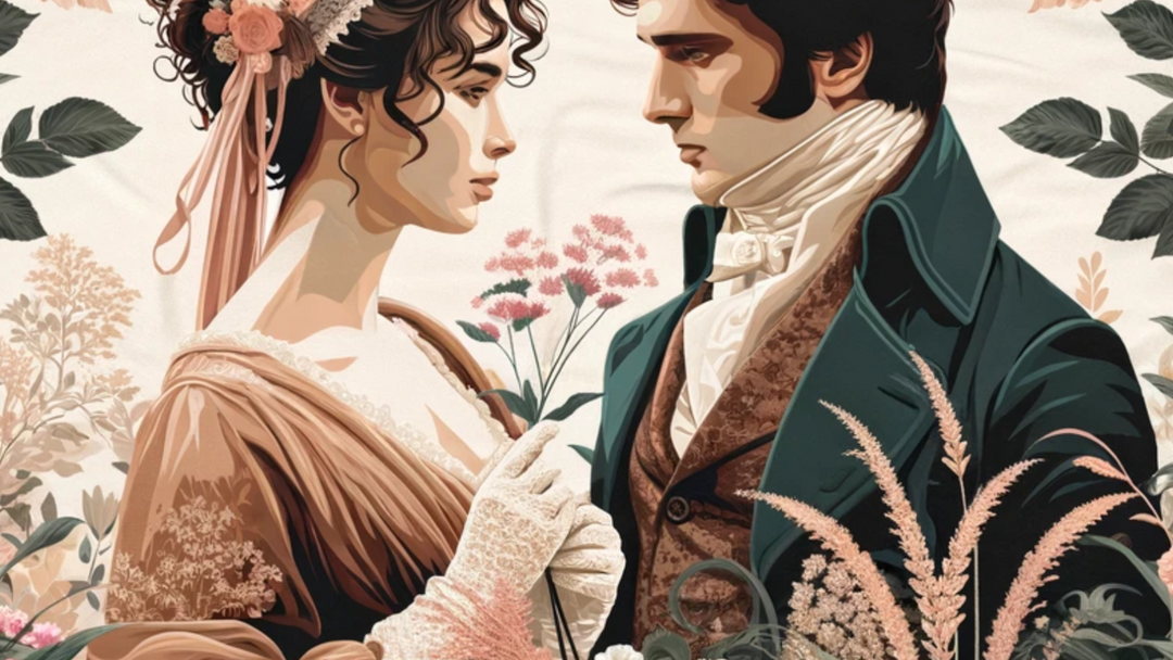 Elizabeth Bennet and Mr Darcy in front of a floral backround