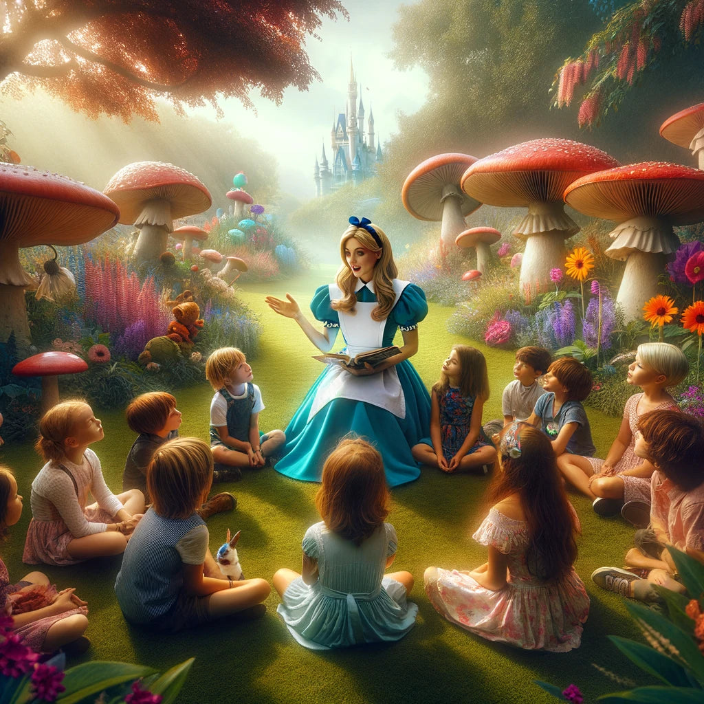 Alice from Alice in Wonderland teaching  group of children
